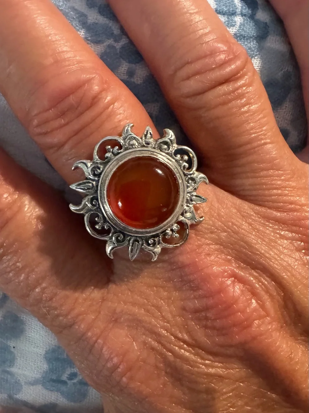Ovi Silver Sunburst Ring with Amber Orange Cabochon